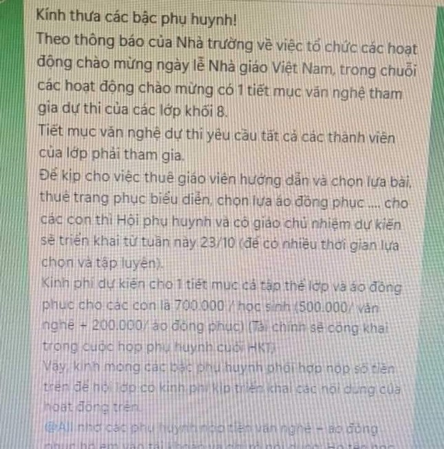 Xôn xao thông tin thu 700.000 đồng/học sinh phục vụ Ngày nhà giáo Việt Nam - Ảnh 1.